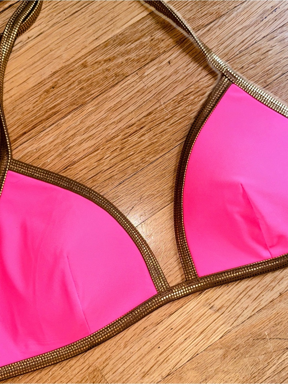 Aerie Neon Pink Triangle Bikini Top with Gold Trim